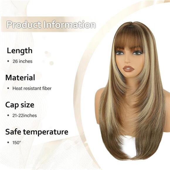 Brown Long Straight Layered Wig with Bangs for Women - Picture 2 of 5